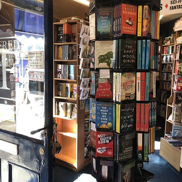 A bookstand inside the shop